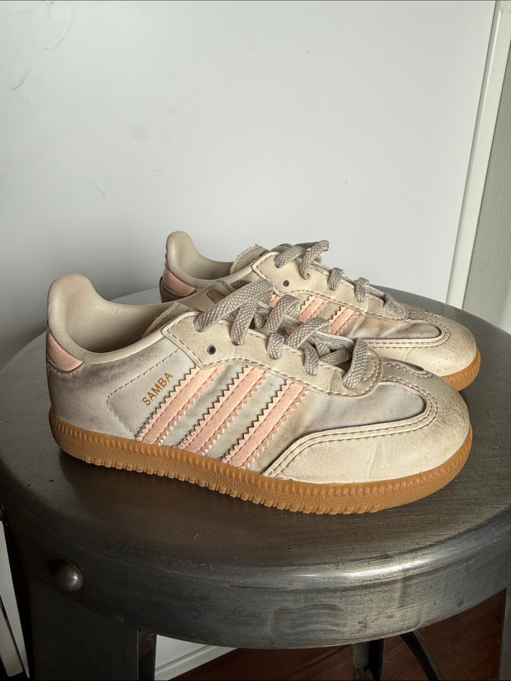 adidas Kids Samba Sneakers in Beige with Pink Stripes